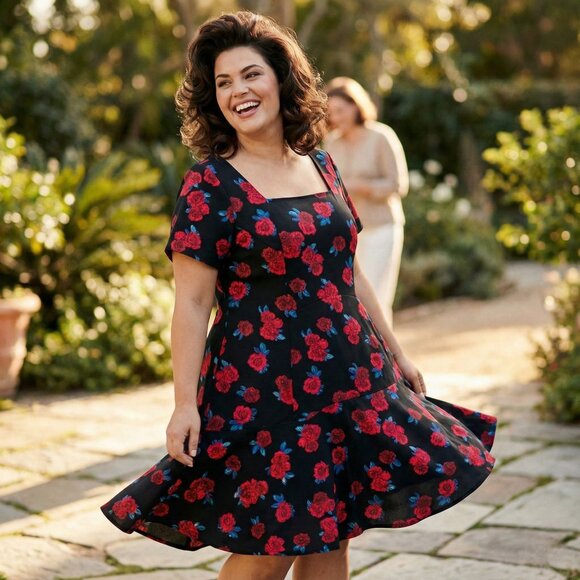 Lane Bryant Dresses & Skirts - Lane Bryant Black Red Rose Floral Fit and Flare Dress Square Neck Size 18 NWOT